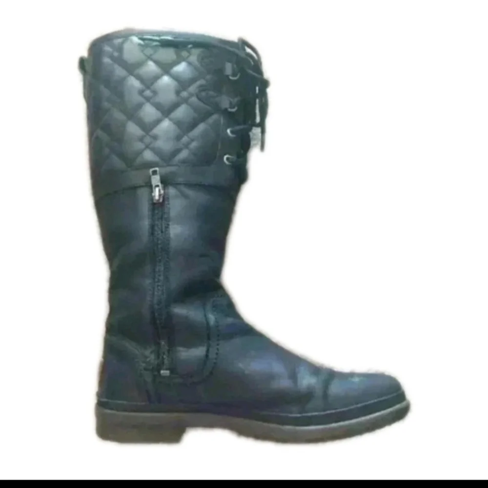 Ugg Womens Black Leather Elsa Deco Quilt Knee High Waterproof Winter Boot 8